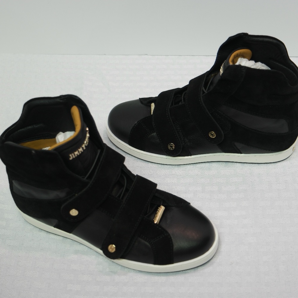 NIB Jimmy Choo Yazz Black Leather Suede Sneakers - Picture 2 of 8